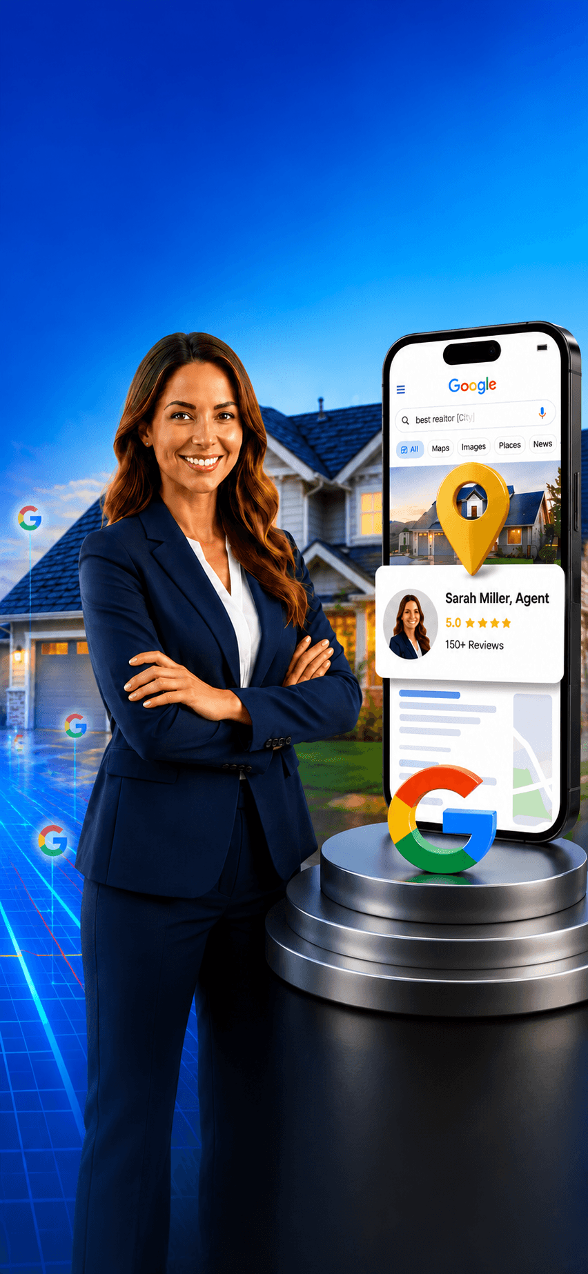 Real estate agent with Google Maps and AI search phone graphic for mobile Real Rank hero.